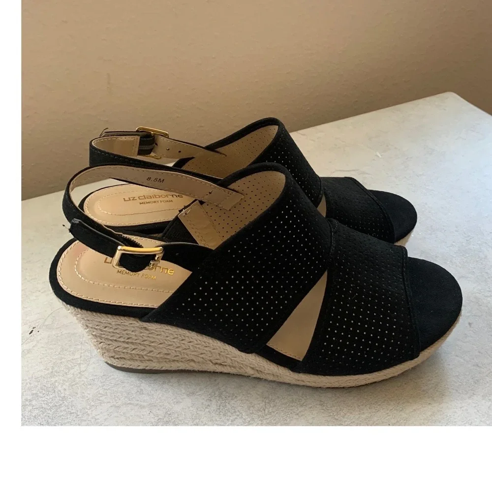 Liz Claiborne 8.5 Wedge Sandals Black LC Hatcher Perforated Espadrille Slingback